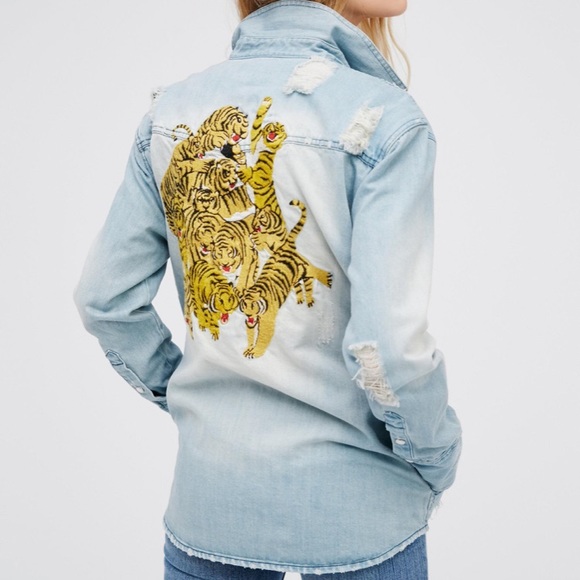 Free People Embroidered Tiger Rawrs Denim Top - Picture 2 of 8